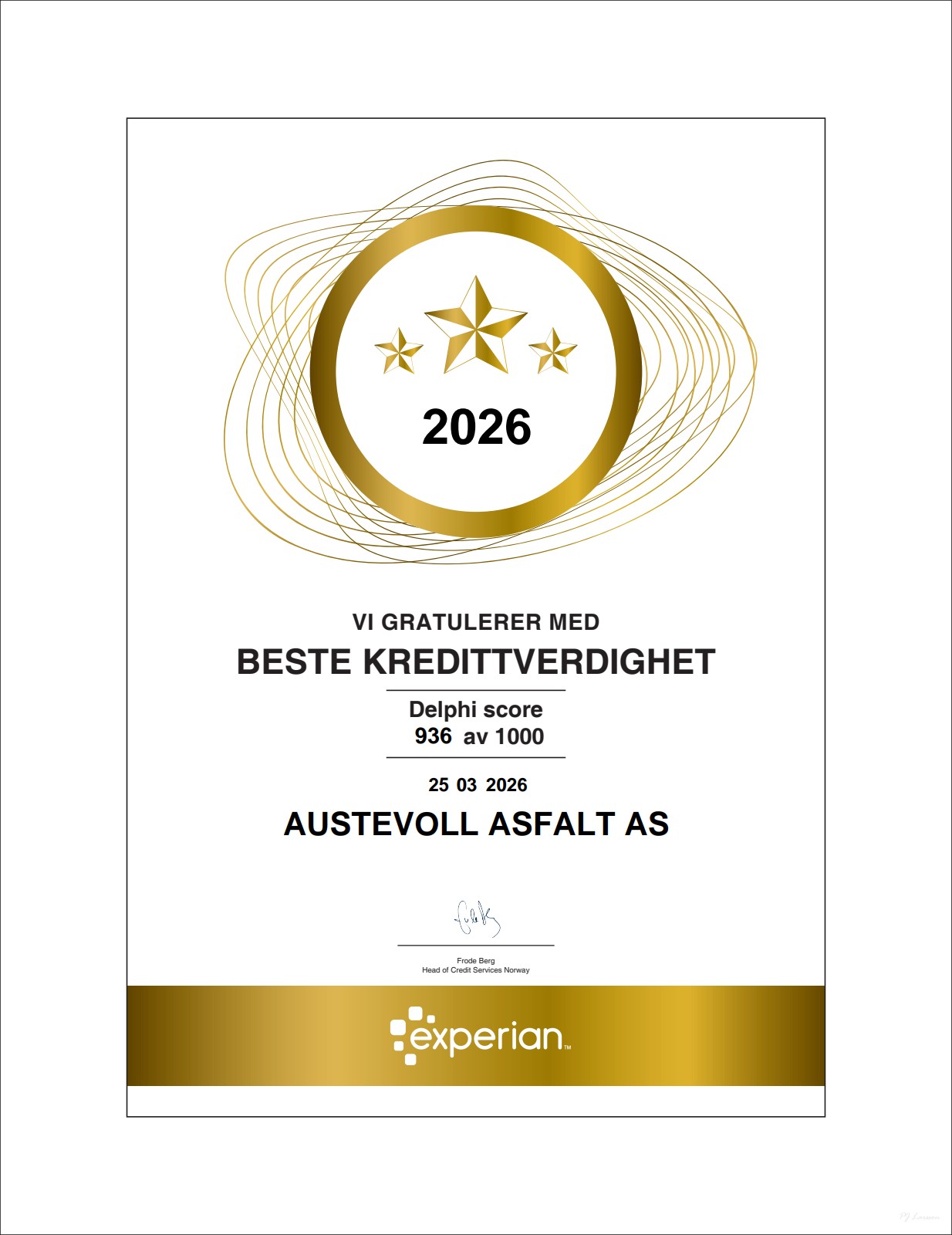 Beste Kredittverdighet 2026 – Delphi score 936 av 1000, Experian